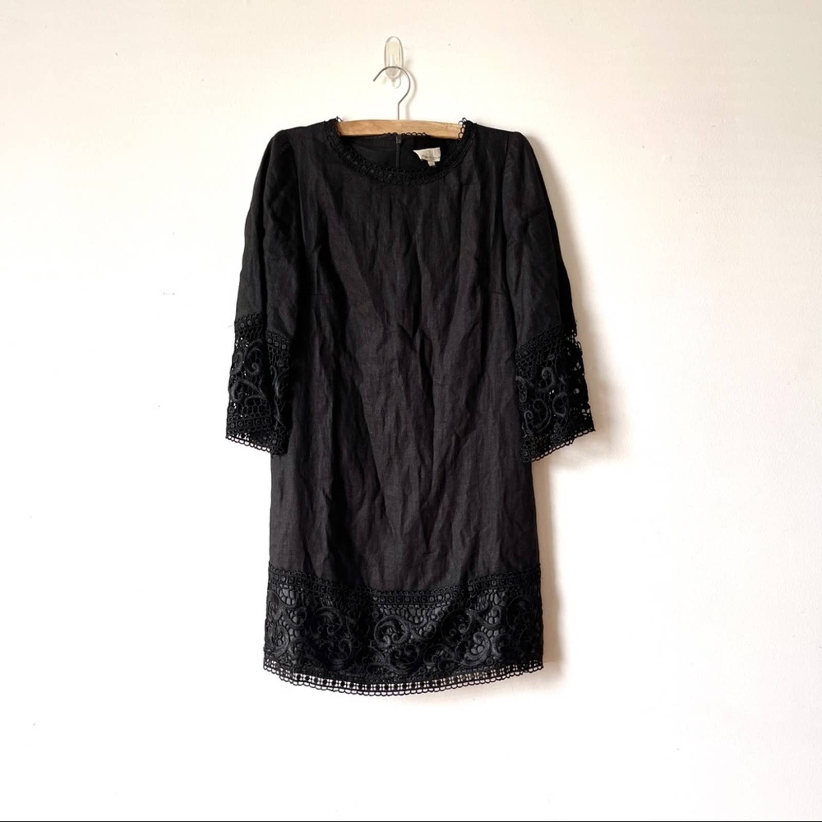 Miguelina Black Linen Crochet Sleeve Trim Muo Shift Dress Size Xs Made In Usa